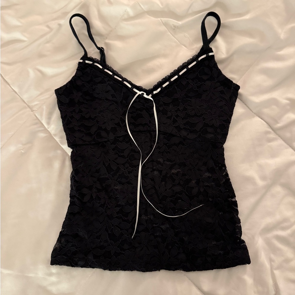 Hollister Black Lace Tank Top with White Ribbon